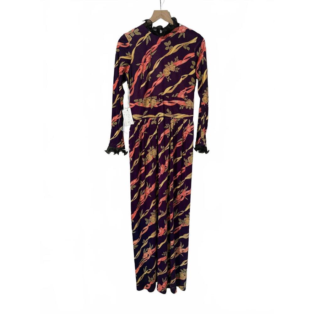 Vintage 70s Purple Dayglo LS Ruffle Detail Maxi Dress